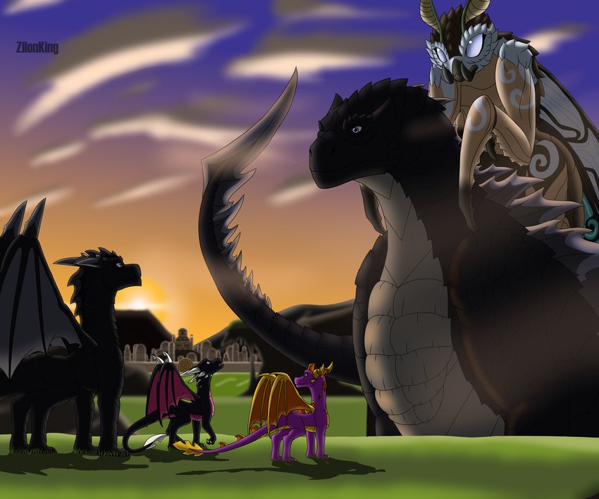 anthro carrying_another cloud female group horn larger_female larger_male male piggyback scenery size_difference sky spikes spikes_(anatomy) tail wings zilonking activision godzilla_(series) mothra_(series) mythology spyro_the_dragon toho cynder fan_character godzilla mothra spyro arthropod dragon insect lepidopteran lizard moth mythological_creature mythological_scalie reptile scalie 6:5 absurd_res digital_media_(artwork) hi_res signature
