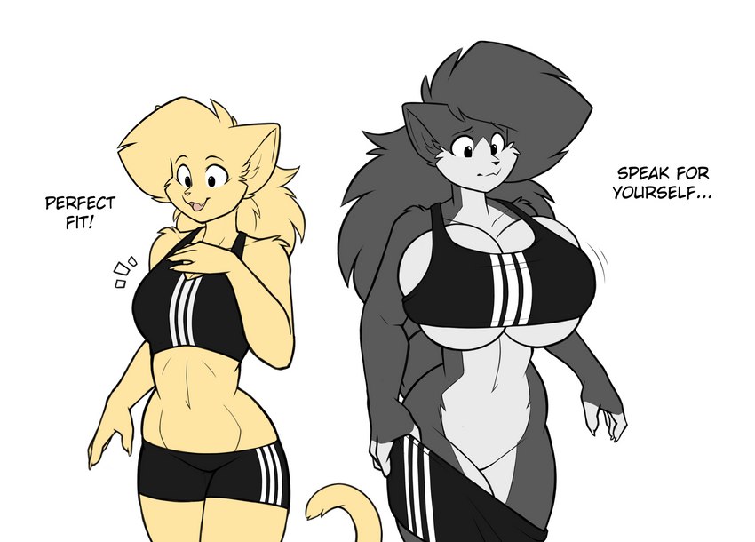 4_fingers anthro athletic_wear big_breasts big_hair biped black_clothing black_eyebrows blonde_hair bottomwear bottomwear_down bouncing_breasts bra breast_envy breast_size_difference breast_squish breasts bulging_breasts cleavage clothed clothing curvy_anthro curvy_female curvy_figure describing_fit dialogue duo envious envy exclamation_point eyebrows eyelashes featureless_crotch female female_anthro fingers fur grey_body grey_fur gym_bottomwear gym_topwear hair happy huge_breasts looking_down medium_breasts medium_hair midriff multicolored_body multicolored_clothing multicolored_fur open_mouth pants pants_down partially_clothed pattern_bottomwear pattern_clothing pattern_topwear pupils raised_eyebrows simple_background sports_bra squish standing striped_bottomwear striped_clothing striped_topwear stripes text thin_eyebrows tight_bra tight_clothing tight_topwear tongue topwear two_tone_body two_tone_clothing two_tone_fur under_boob undersized_clothing underwear voluptuous voluptuous_anthro voluptuous_female white_background white_body white_clothing white_fur white_stripes yellow_body yellow_fur hexteknik adidas meme_clothing sports_bra_difference_meme allie_goldwheat noki_(hexteknik) domestic_cat felid feline felis mammal english_text hi_res meme