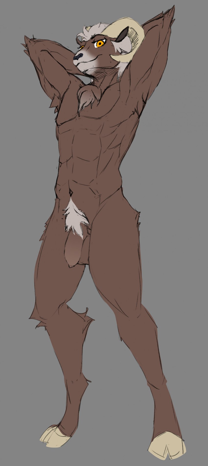 abs anthro armpit_hair athletic athletic_anthro athletic_male balls body_hair bovid_horn brown_body brown_fur caprine_horn chest_tuft foreskin fur genitals hair hands_behind_head hooves horn long_foreskin looking_at_viewer male navel nude nude_anthro nude_male penis pose pubes smile solo standing tight_foreskin tuft unretracted_foreskin white_hair pumari bovid caprine mammal sheep 2024 absurd_res digital_media_(artwork) hi_res sketch