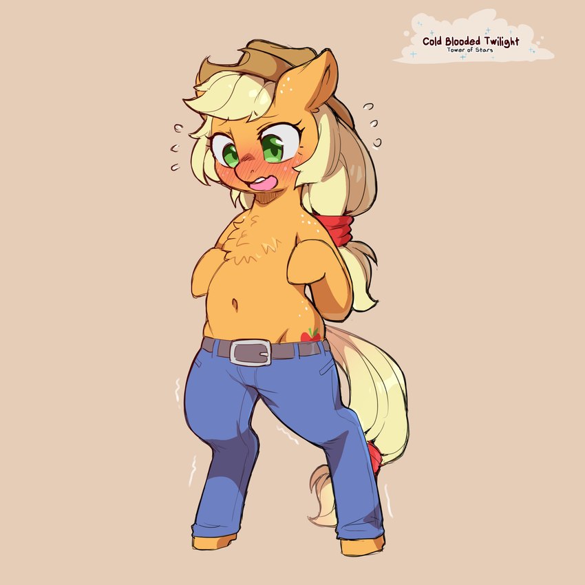 blonde_hair blush bottomwear clothing cowboy_hat cutie_mark denim denim_bottomwear denim_clothing female freckles fur green_eyes hair hat headgear headwear hooves jeans looking_down motion_lines navel open_mouth orange_body orange_fur pants semi-anthro solo tail teeth text yellow_tail cold-blooded-twilight friendship_is_magic hasbro my_little_pony applejack_(mlp) earth_pony equid equine horse mammal pony artist_name english_text hi_res