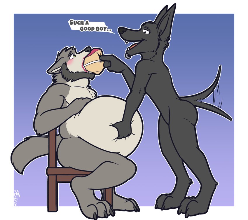 anthro beard belly big_belly blush cake chair chin_piercing clothing dessert duo facial_hair feeding food furniture hand_on_belly male male/male overweight sitting tail tail_motion tailwag thick_thighs topwear tanio canid canine canis jackal mammal wolf 2024