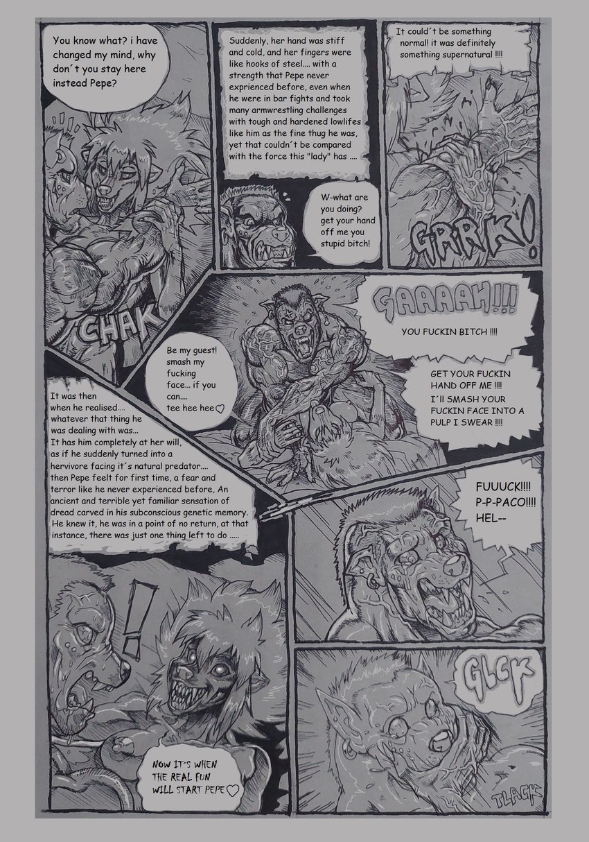 5_fingers anthro anthro_on_anthro areola biped bodily_fluids breasts broken_arm claws dialogue duo ear_piercing ear_ring exclamation_point fangs female fingers hair male male/female muscular muscular_anthro muscular_male nipples open_mouth piercing ring_piercing speech_bubble sweat tears teeth text vein mariano pepe_(mariano) sonya_(keyblademark) canid canine canis domestic_dog mammal mephitid skunk comic english_text hi_res monochrome traditional_media_(artwork)