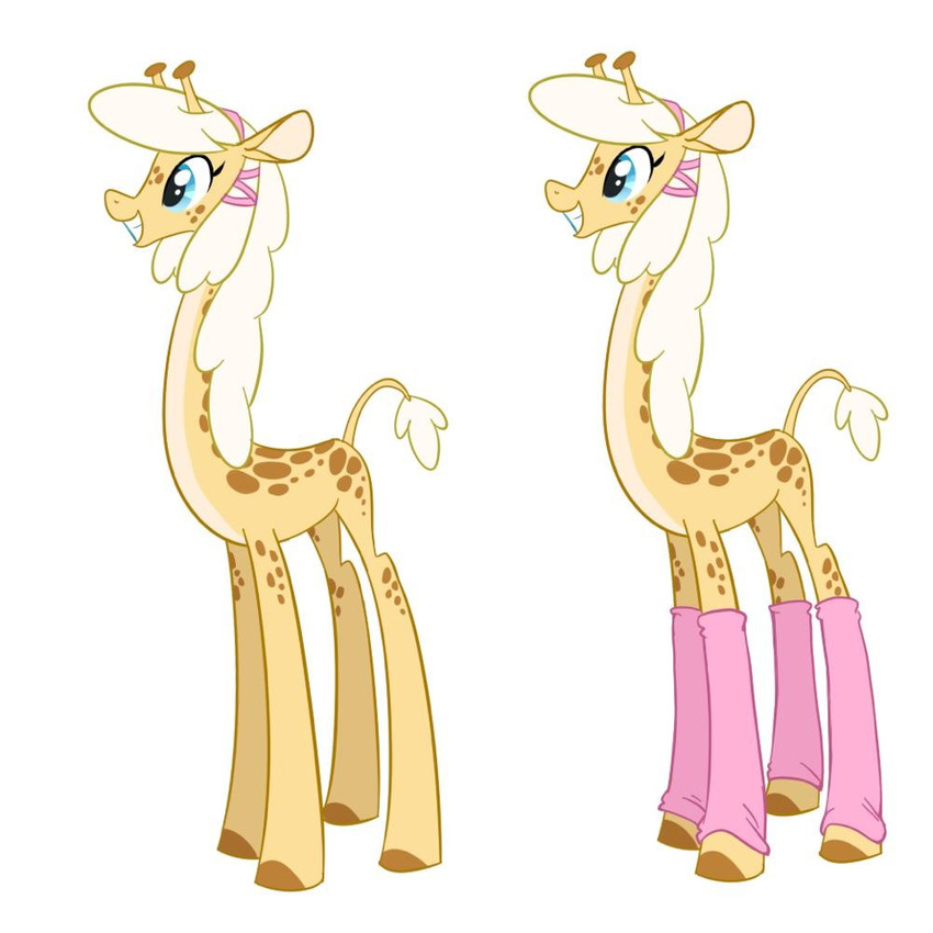 blue_eyes clothing female feral hair hooves leg_warmers legwear long_hair markings pink_clothing pink_legwear short_tail simple_background smile solo spots spotted_body style_emulation tail white_background white_hair madmax hasbro my_little_pony annabelle_(madmax) fan_character giraffe giraffid mammal 1:1