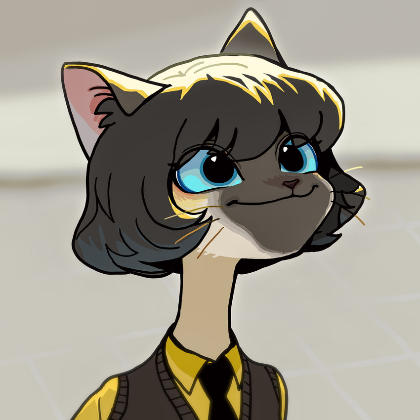 anthro black_hair female grey_background hair long_neck necktie short_hair simple_background smile solo whiskers shurueder pop_cat shami_(shuruder) domestic_cat felid feline felis mammal 1:1 2021 bust_portrait hi_res meme portrait