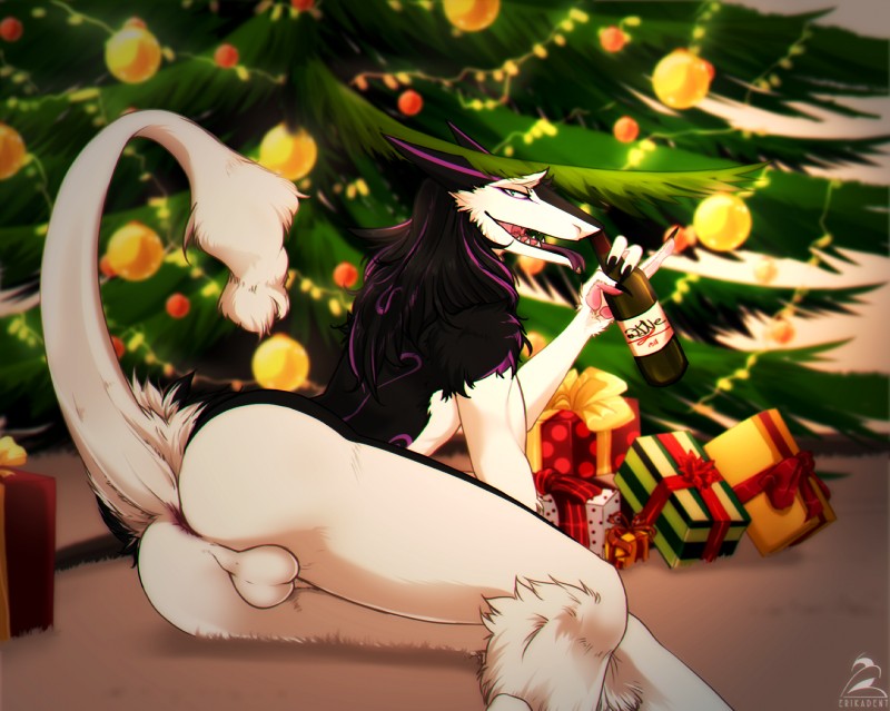 alcohol anthro anus backsack balls beverage black_body black_fur butt butt_fluff claws forked_tongue fur genitals gift holidays looking_at_viewer lying male markings nude on_side open_mouth ornament paws plant presenting purple_markings raised_tail solo tail tail_tuft teeth tongue tongue_out tree tuft white_body white_fur erikadent christmas gaius_devore mammal sergal hi_res