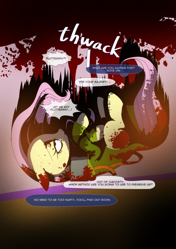 blood blood_on_clothing blood_on_face blood_on_hair blood_on_leg blood_on_tail blood_splatter bodily_fluids clothing dialogue dress fainted female feral grimdark mane nightmare_fuel pale solo text unconscious gashiboka friendship_is_magic hasbro my_little_pony fluttershy_(mlp) equid equine horse mammal pony 2016 absurd_res comic english_text hi_res