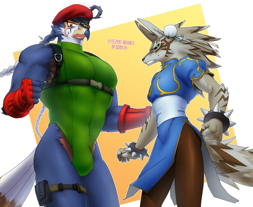 abs anthro beret bulge clothed clothing cosplay countershading crossdressing duo embarrassed hat headgear headwear kemono leotard male muscular muscular_anthro muscular_male pecs furry_chu capcom lifewonders street_fighter tokyo_afterschool_summoners cammy_white chun-li horus_(tas) seth_(tas) accipitrid accipitriform avian bird canid canine canis jackal mammal absurd_res hi_res