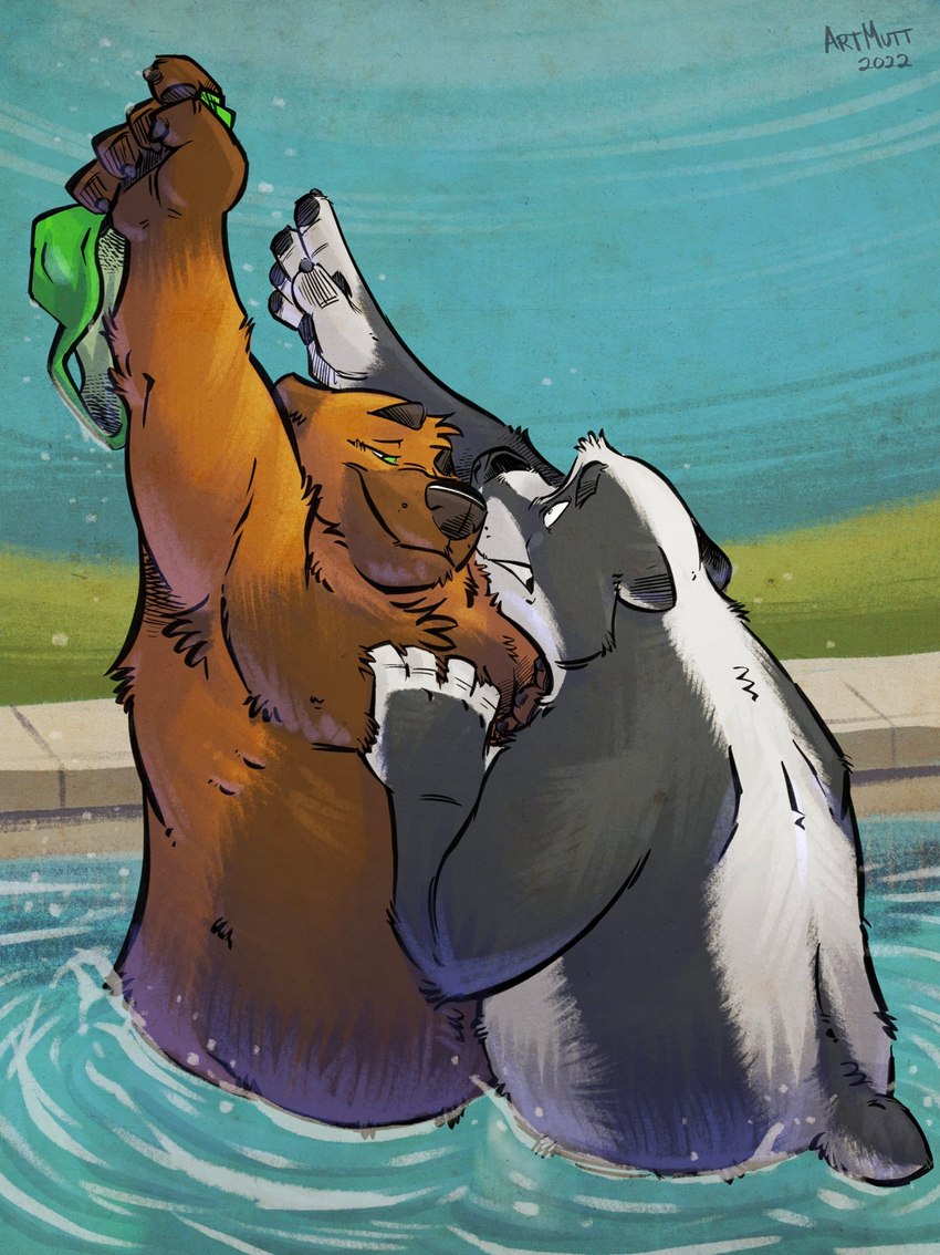 anthro belly black_body black_fur black_nose brown_body brown_fur clothing detailed_background duo fur green_eyes humanoid_hands male overweight overweight_male swimming_pool swimwear white_body white_fur k-9 badger bear mammal mustelid musteline 2022 hi_res