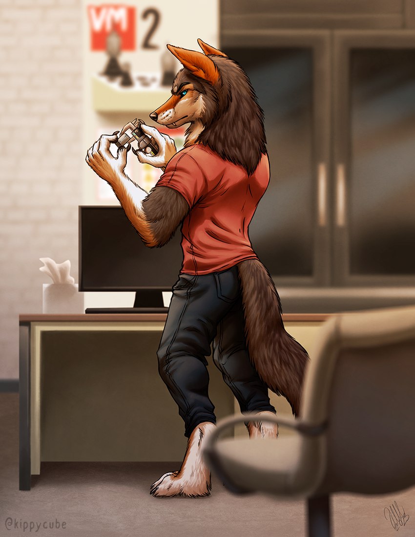 5_fingers anthro athletic athletic_anthro athletic_male barefoot black_bottomwear black_claws black_clothing black_nose black_pants blue_eyes bottomwear brown_body brown_fur calipers chair cheek_tuft claws clothing computer_monitor depth_of_field desk digitigrade facial_tuft feet finger_claws fingers fluffy fluffy_tail fur furgonomic_bottomwear furgonomics furniture holding_calipers holding_object inside low-angle_view male mane measuring multicolored_body multicolored_fur office office_chair pants paws poster rear_view red_clothing red_shirt red_t-shirt red_topwear shirt snaggle_tooth solo standing t-shirt table tail tan_body tan_fur teeth text tissue_box toe_claws toes topwear tuft whisker_spots white_body white_fur window kippycube canid canine canis mammal wolf 2023 artist_name signature warm_colors