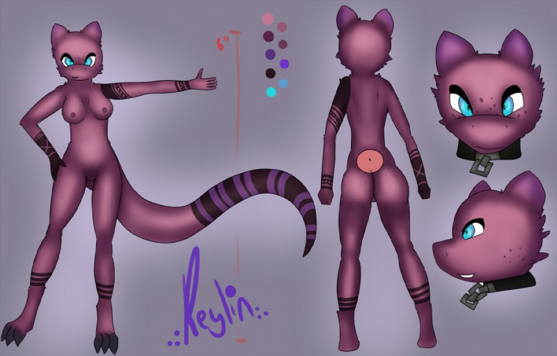 anthro areola black_body black_scales blue_eyes breasts butt chain claws collar female fur genitals hand_on_hip looking_at_viewer markings nipples non-mammal_breasts nude purple_body purple_fur purple_scales pussy scales smile solo stripes teeth text toe_claws drenmar reylin reptile scalie snake 2014 digital_media_(artwork) english_text full-length_portrait headshot_portrait model_sheet portrait