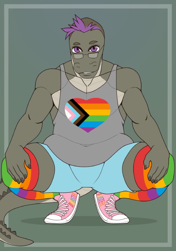 anthro belly biped clothed clothing crouching eyewear footwear glasses hair humanoid_hands legwear lgbt_pride looking_at_viewer love_handles male overweight overweight_anthro overweight_male progress_pride_colors rainbow shirt shoes simple_background six-stripe_rainbow_pride_colors slightly_chubby smile solo stockings tank_top topwear reishuseyu andrew_(deminothedragon) alligator alligatorid crocodilian reptile scalie 2019 digital_media_(artwork) hi_res