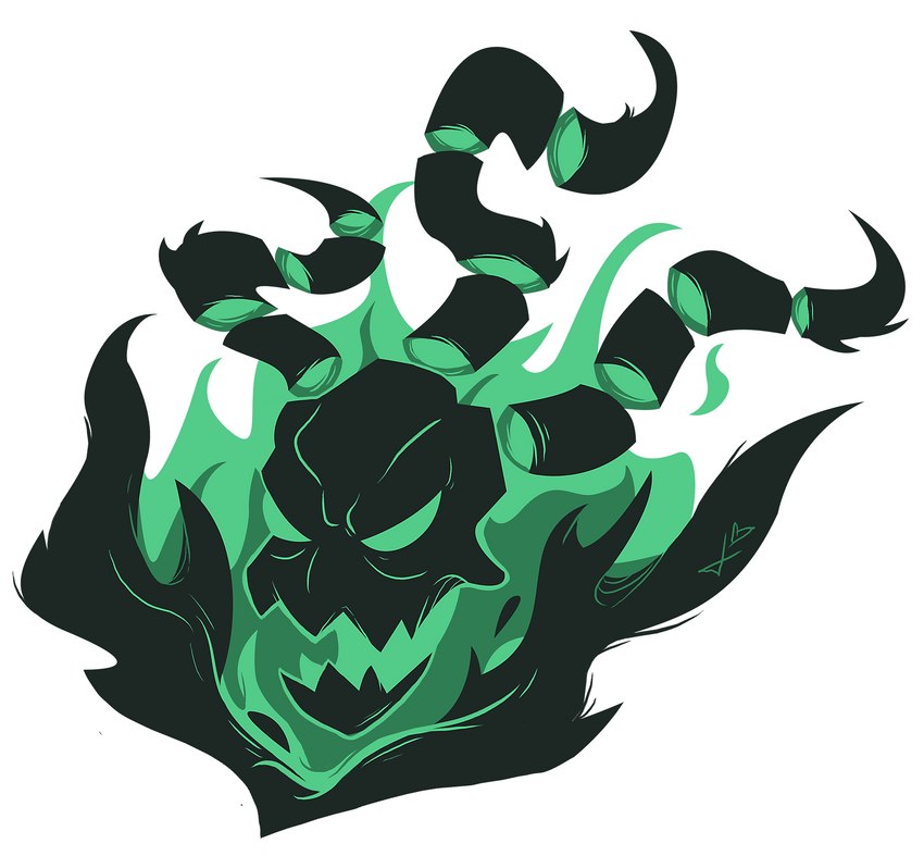 black_clothing black_mask black_topwear clothing colored_fire fire flame_head green_eyes green_fire half-closed_eyes logo male narrowed_eyes no_pupils not_furry open_mouth open_smile simple_background smile solo three-quarter_view topwear white_background katinghost league_of_legends riot_games tencent thresh ghost humanoid spirit 2015 absurd_res colored digital_drawing_(artwork) digital_media_(artwork) headshot_portrait hi_res lineless portrait signature