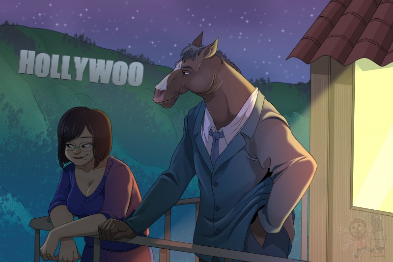 anthro breasts cleavage clothed clothing duo eyewear female glasses hill hollywood male necktie night sign star suit aaron_schmit bojack_horseman netflix bojack_horseman_(character) diane_nguyen equid equine horse human mammal 2020 3:2 hi_res