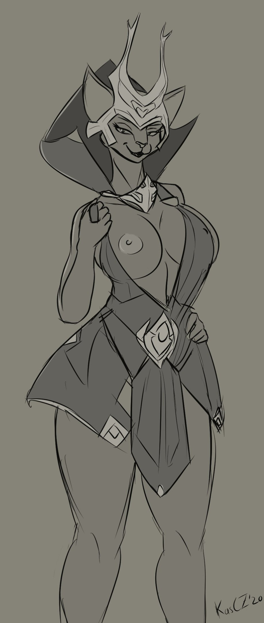 anthro bedroom_eyes big_breasts breasts clothed clothing female narrowed_eyes nipples partially_clothed seductive simple_background smile solo standing kascz master_of_orion empress_jasana domestic_cat felid feline felis mammal mrrshan hi_res monochrome signature sketch
