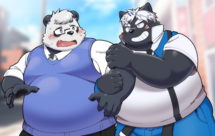 abstract_background anthro black_body black_fur clothed clothing duo embarrassed eyewear fur glasses hair holding_leg male male/male obese overweight overweight_male smile diru11 kokuba_hoeguro sasayama_akira bear canid giant_panda mammal hi_res