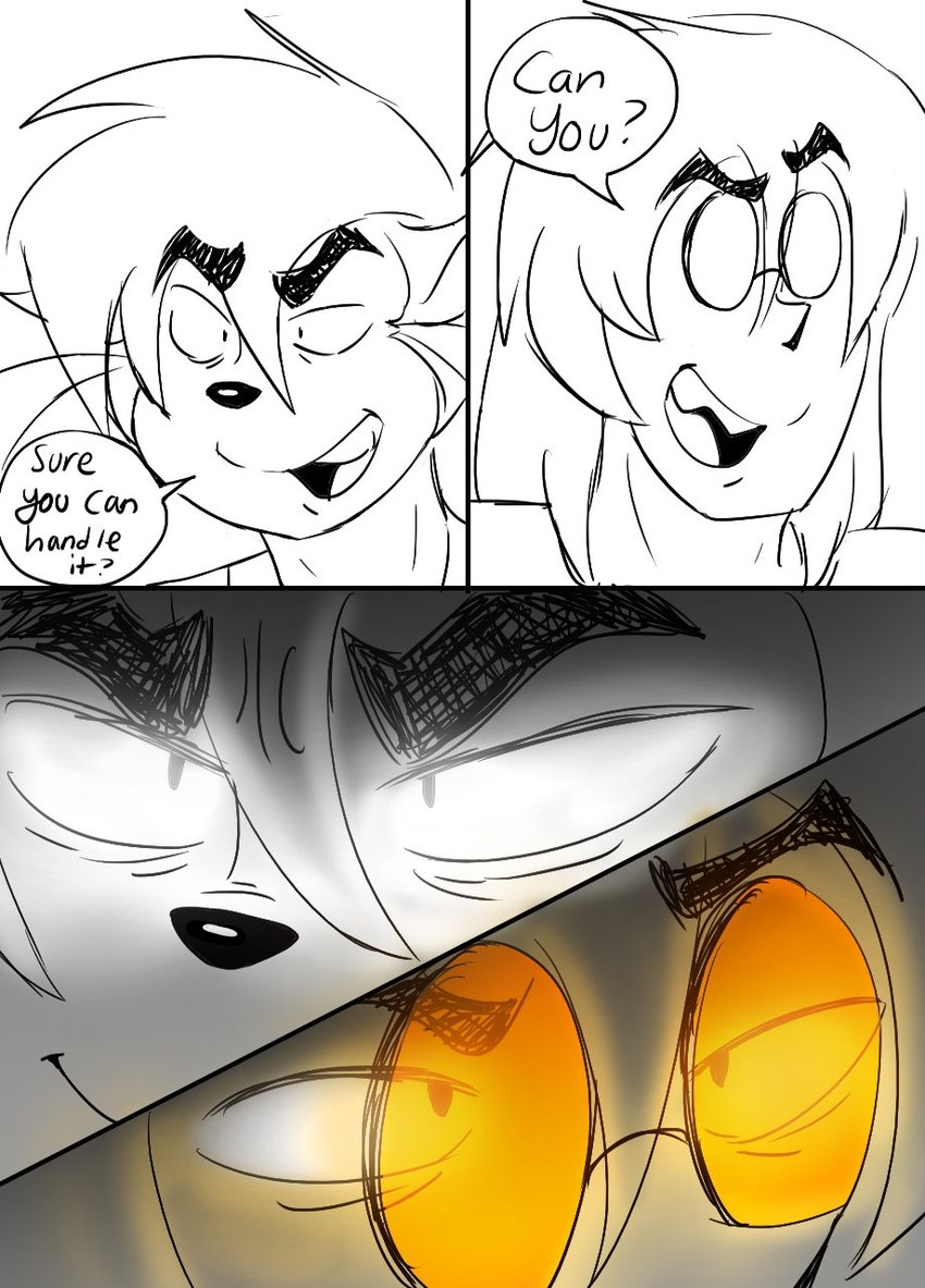 anthro dialogue duo eyewear glasses glowing glowing_eyes male male/male speech_bubble text jordo_(artist) ben_(jordo) george_(jordo) domestic_cat felid feline felis human mammal comic hi_res