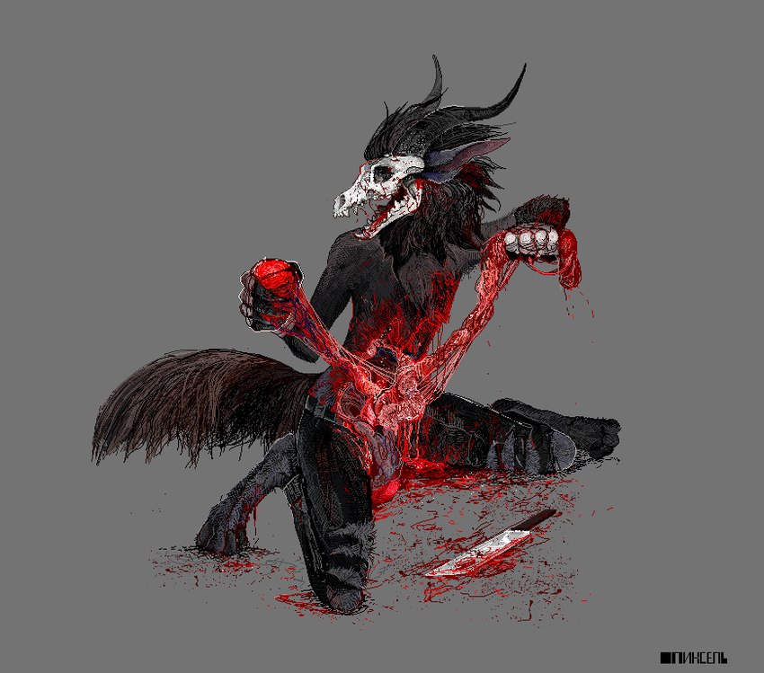 anthro black_body black_fur black_tail blood blood_on_body blood_on_fur blood_on_ground blood_on_knife bodily_fluids bone death disembowelment execution fur gore grey_background guts holding_object horn intestines kneeling knife looking_aside male masochism organs orgasm sadomasochism simple_background skull skull_head solo suicide tail text jeffusherb 2021 cyrillic_text digital_media_(artwork) digital_painting_(artwork) signature