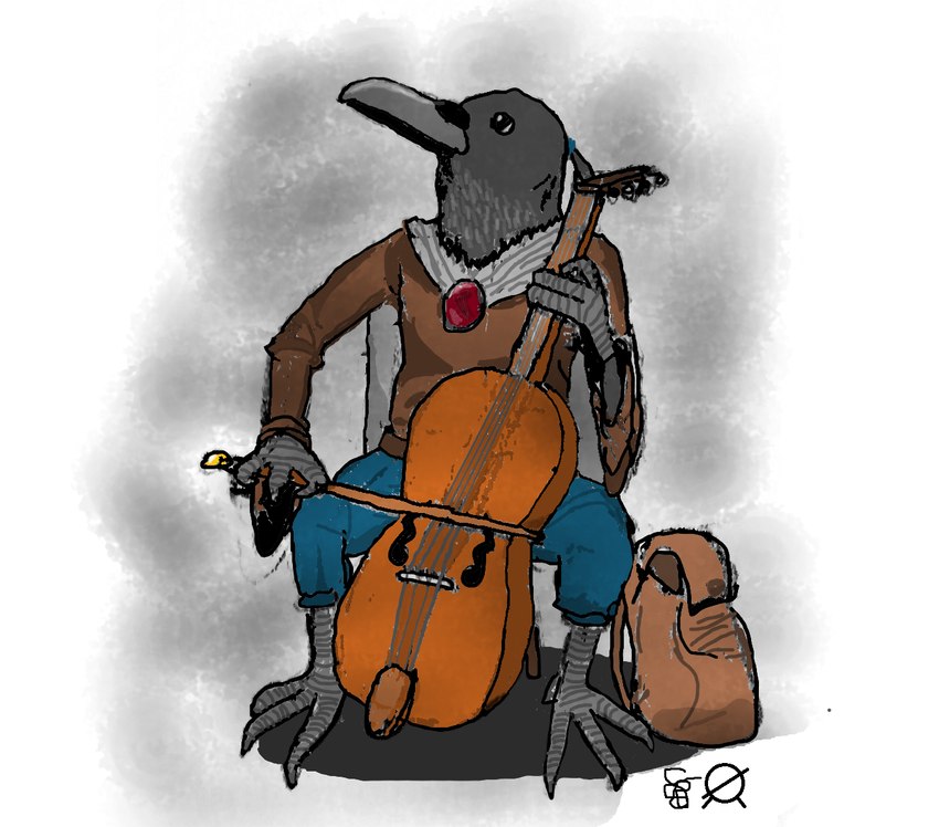 ambiguous_gender anthro barefoot beak blue_bottomwear blue_clothing blue_pants bottomwear bowed_string_instrument brown_clothing brown_shirt brown_topwear cape cello clothing feathers feet grey_cape grey_clothing knapsack musical_instrument pants playing_cello playing_music shadow shirt simple_background solo string_instrument symbol topwear jaki_sila dungeons_and_dragons hasbro wizards_of_the_coast avian kenku digital_media_(artwork) icon signature