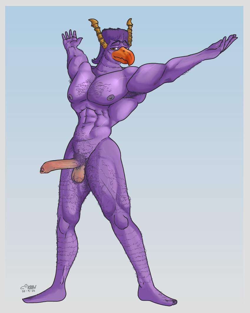 abs anthro armpit_hair balls beak biceps big_muscles big_pecs body_hair chest_hair erection foreskin genitals hair hairy happy_trail horn humanoid_genitalia humanoid_penis jock leg_hair looking_at_viewer male manly muscular muscular_anthro muscular_male muscular_thighs navel nipples nude orange_beak pecs penis pubes purple_body purple_hair raised_arm raised_arms realistic_penis_size simple_background solo standing unretracted_foreskin v-cut vein veiny_muscles veiny_penis wide_stance krowbutt disney monsters_inc monsters_university pixar brock_pearson avian monster 4:5 digital_media_(artwork) hi_res