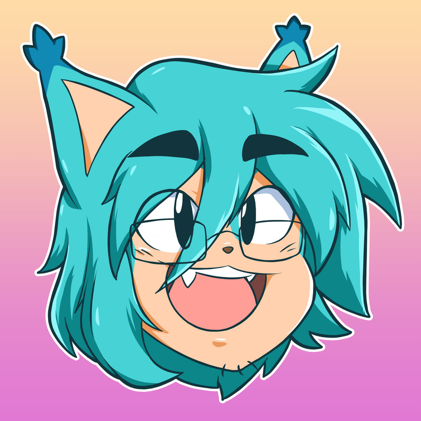 anthro bodyless eyewear glasses male open_mouth short_ears simple_background smile solo turquoise_hair artsyharu hunicast kovicat felid feline mammal 1:1 absurd_res hi_res icon