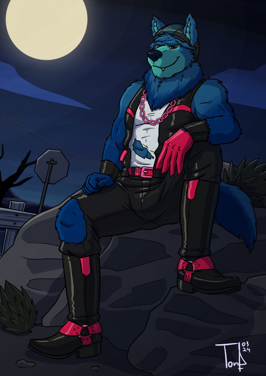 anthro biker blue_body blue_fur boots bulge clothing fangs footwear full_moon fur gloves handwear hat headgear headwear leather leather_boots leather_clothing leather_daddy leather_footwear male moon night red_eyes shoes sitting smile solo teeth torn_clothing torrosketch born_to_be_wild_(steppenwolf_song) just_dance steppenwolf_(band) ubisoft lycan_(just_dance) canid canine mammal hi_res