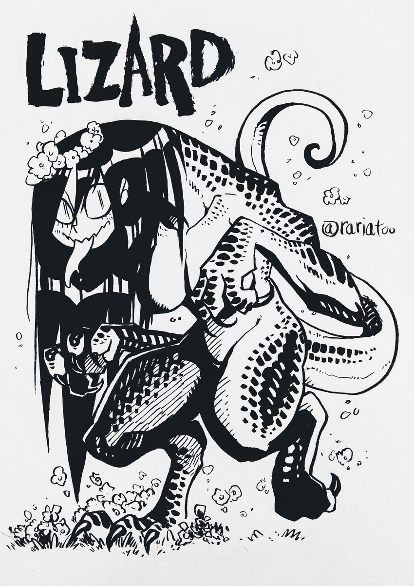 big_breasts black_text breasts claws feet female finger_claws fingers flower flower_crown glistening glistening_hair grass hair humanoid_face long_hair long_tongue nude plant scales simple_background solo tail text toe_claws toes tongue white_background rariatoo lizard reptile scalie 2019 absurd_res english_text full-length_portrait hi_res monochrome portrait sketch