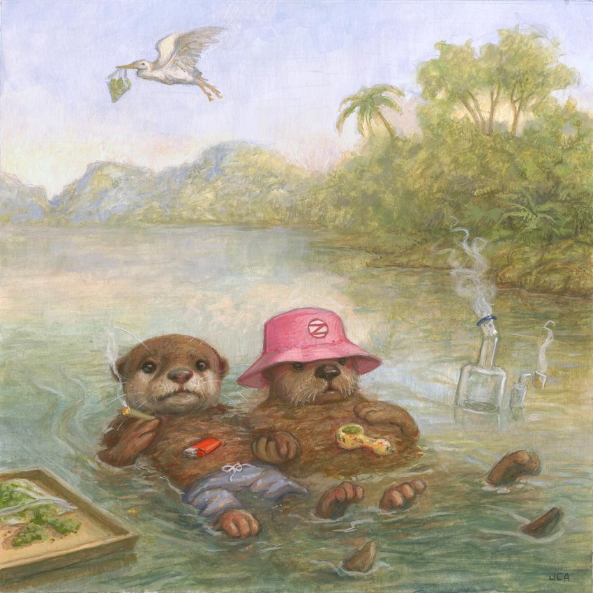 anthro biped black_nose bottomwear brown_body brown_fur clothing day detailed_background drugs fur hat headgear headwear marijuana outside plant river shorts smoking tree water joaquincarre avian mammal mustelid otter 1:1 2023 gouache_(artwork) hi_res painting_(artwork) shaded traditional_media_(artwork)