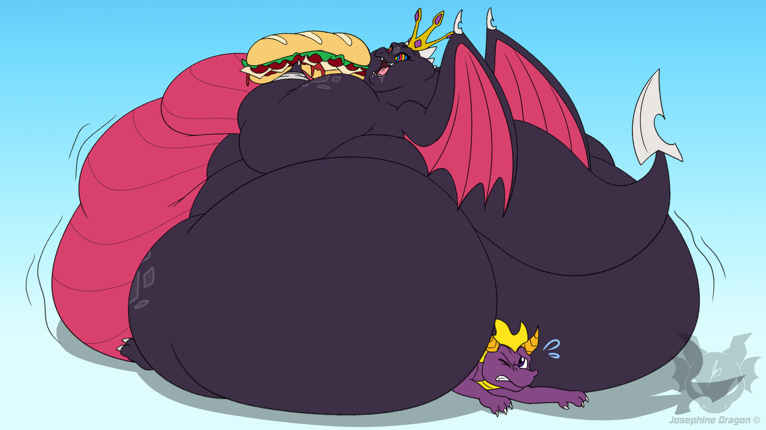 anthro belly big_belly big_breasts big_butt big_cheeks big_tail black_body black_eyebrows black_mouth black_tail black_wings blue_background blue_eyes bodily_fluids breasts butt chubby_cheeks crown drooling duo eyebrows fat_rolls female food headgear holding_food holding_object holding_sandwich horn huge_belly huge_breasts huge_butt huge_cheeks huge_tail hyper hyper_belly hyper_breasts hyper_butt hypnosis hypnotic_eyes larger_female logo male mind_control morbidly_obese morbidly_obese_anthro morbidly_obese_female motion_lines multicolored_body multicolored_eyes obese obese_anthro obese_female one_eye_closed open_mouth open_smile overweight overweight_anthro overweight_female pink_body pink_tongue purple_body purple_eyes red_eyes saliva sandwich_(food) sharp_teeth simple_background sitting_on_another size_difference smaller_male smile spikes spikes_(anatomy) struggling tail teeth text tongue two_tone_body weight_gain white_horn wings yellow_body yellow_eyes yellow_horn jouigidragon activision mythology spyro_the_dragon cynder spyro dragon mythological_creature mythological_scalie scalie 16:9 2026 artist_logo artist_name colored digital_media_(artwork) flat_colors hi_res widescreen