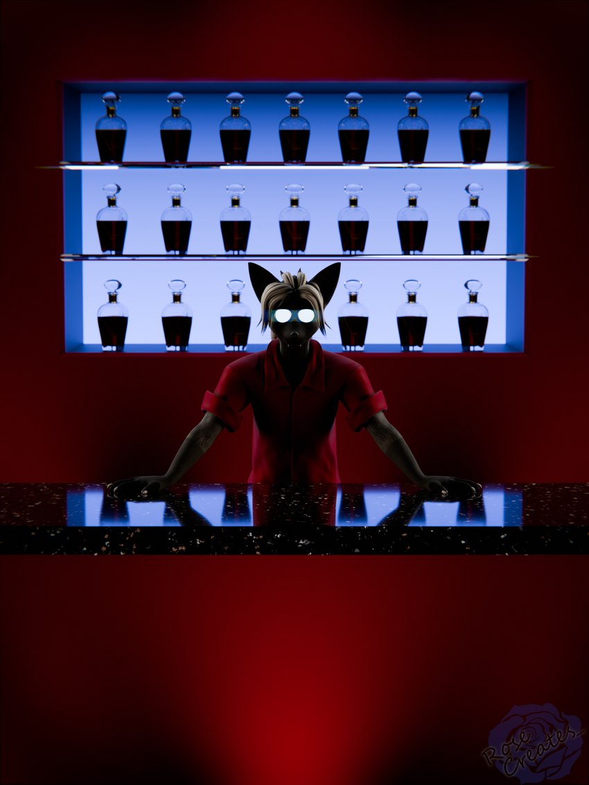 alcohol anthro bar beverage biped clothed clothing furniture hair male solo whiskey rosecreates stephen_king_(copyright) the_shining canid canine canis fox mammal 3:4 3d_(artwork) absurd_res blender_(artwork) digital_media_(artwork) hi_res