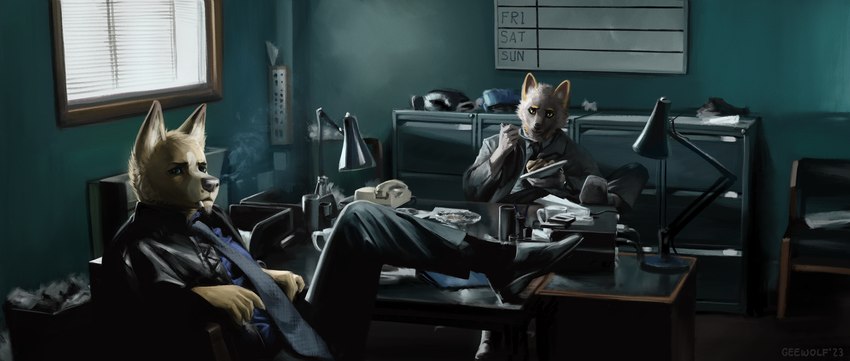 5_fingers anthro book cigarette clothing curtains cutlery desk duo eating electronics feet_on_desk fingers fork furniture inside jacket kitchen_utensils lamp leather leather_clothing leather_jacket leather_topwear male office paper phone plate police shelf smoke suit suit_and_tie table tools topwear window geewolf canid canine canis mammal wolf 2023 digital_media_(artwork) hi_res