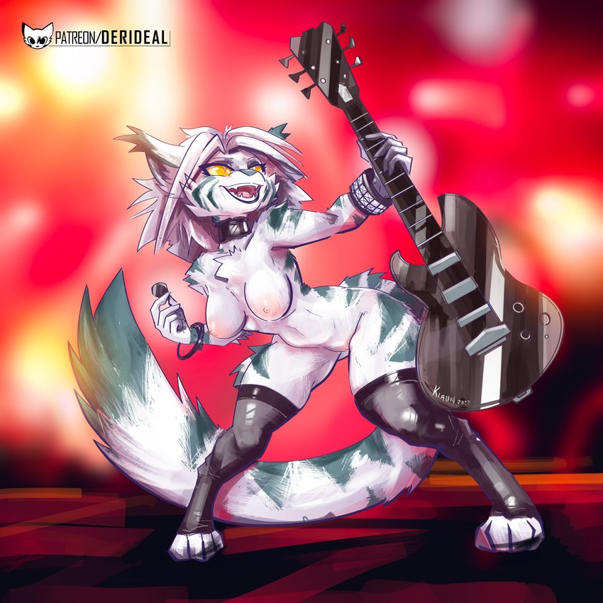 anthro blurred_background bracelet breasts bright_background choker clothing collar detailed_foreground female genitals guitar jewelry long_tail musical_instrument necklace open_mouth orange_eyes plucked_string_instrument pussy simple_background solo standing_position string_instrument stripes symbol tail teeth text kiaun derideal ivory_(derideal) felid feline mammal 1:1 colored digital_drawing_(artwork) digital_media_(artwork) english_text hi_res icon shaded signature url