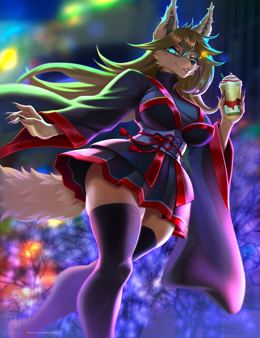 anthro beverage big_breasts bottomwear breasts clothed clothing female holding_beverage holding_object legwear skirt solo text thigh_highs yurai canid canine mammal hi_res url