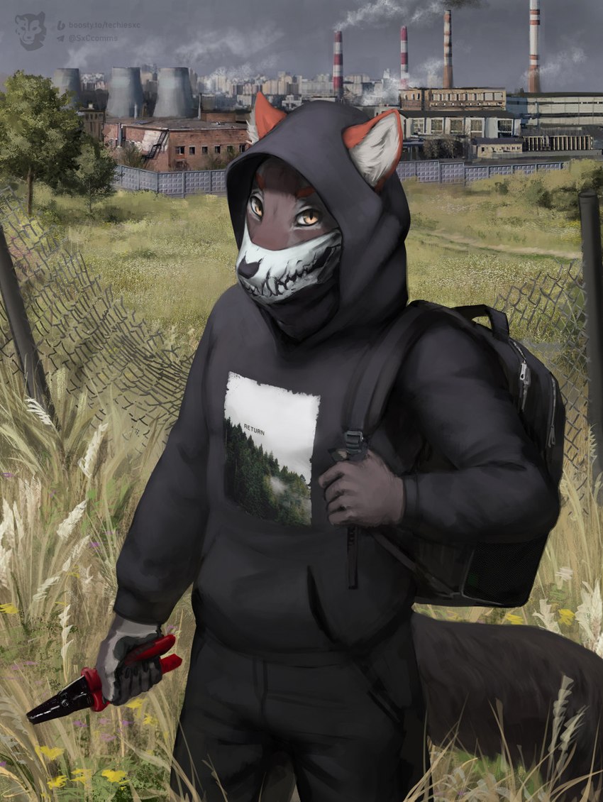 anthro backpack building clothing commie_block factory fence grass hoodie industrial_architecture male mask plant pliers smoke solo thigh_gap tools topwear tree techiesxc s.t.a.l.k.e.r. canid canine canis mammal wolf digital_media_(artwork) hi_res