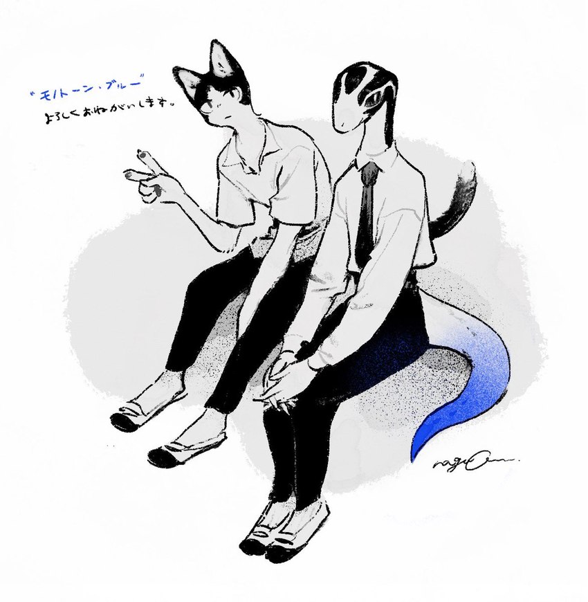 anthro bottomwear clothing duo footwear gesture hand_gesture male necktie pants shoes simple_background sitting text v_sign white_background mucknagabe monotone_blue aoi_(mucknagabe) hachi_(mucknagabe) blue-tailed_skink domestic_cat felid feline felis lizard mammal reptile scalie skink hi_res japanese_text