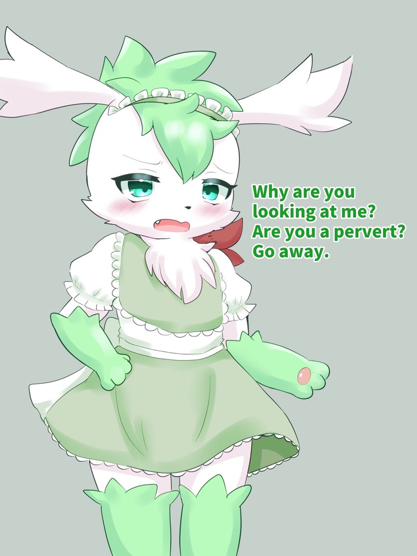 anthro black_nose blue_eyes chest_tuft clothing dialogue dress embarrassed fangs fur green_background green_body green_clothing green_dress green_fur green_hair hair looking_at_viewer maid_apron maid_headdress maid_uniform male open_mouth pawpads paws simple_background solo teeth text tongue tuft uniform white_body white_fur puniwanko nintendo pokemon generation_4_pokemon legendary_pokemon pokemon_(species) shaymin sky_forme_shaymin 2023 english_text hi_res