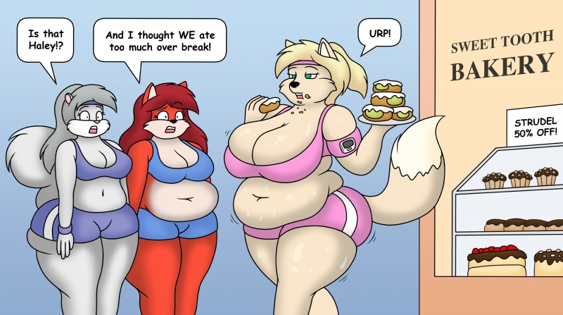 anthro belly_overhang bodily_fluids breasts cake cleavage clothed clothing cupcake dessert dialogue female food group obese overweight overweight_female sweat text lordstormcaller britney_(lordstormcaller) haley_(lordstormcaller) valerie_(lordstormcaller) canid canine canis coyote fox mammal rodent sciurid absurd_res english_text hi_res