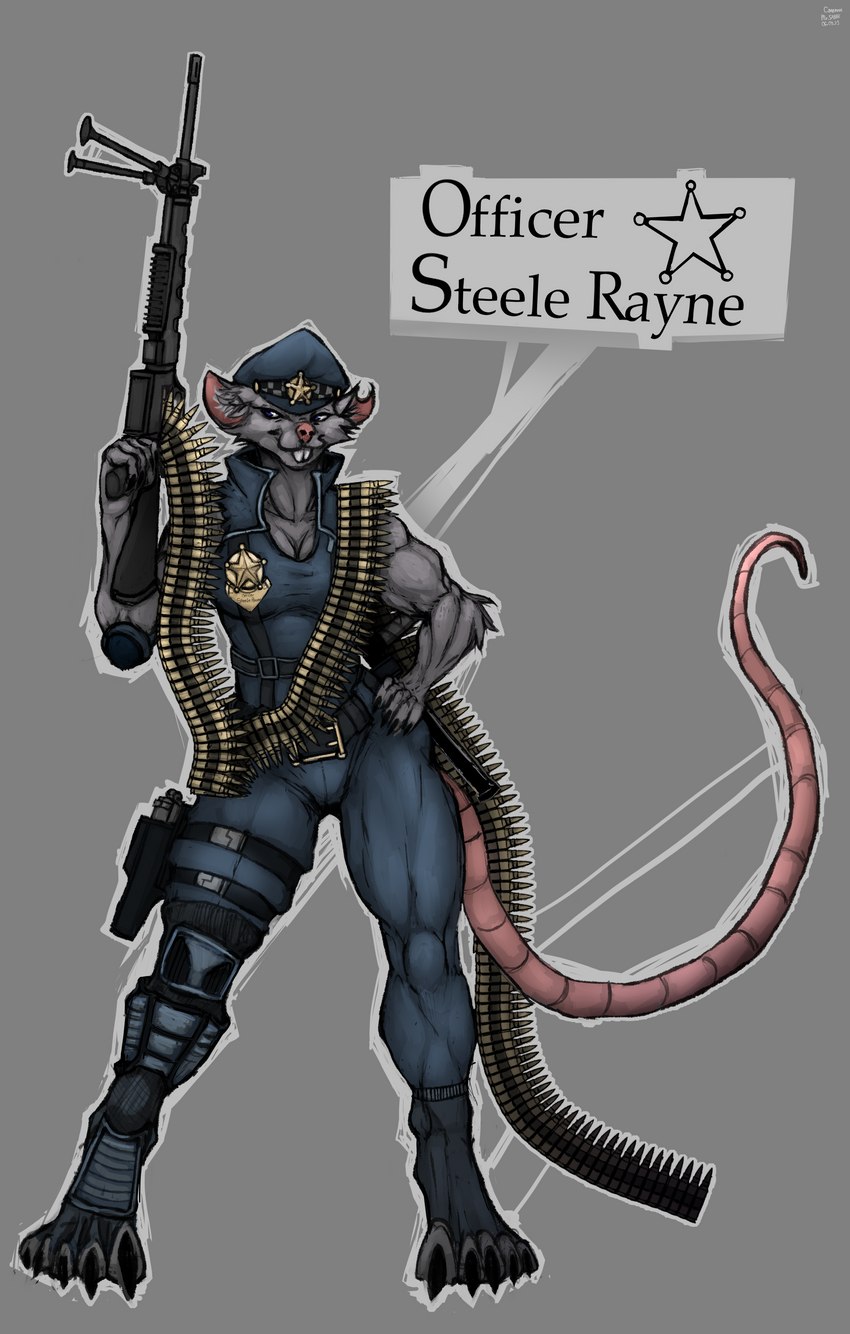 5_fingers 5_toes ammo_belt ammo_chain ammunition anthro ar-15 ar_platform arm_tuft athletic athletic_female authority_figure badge belt big_breasts blue_clothing blue_eyes breast_outline breasts buckteeth bullet checkers cheek_tuft claws clothing club_(weapon) collar elbow_pads elbow_tuft facial_tuft feet female fingers footwear freedom fur grey_body grey_fur gun hand_on_hip handgun happy harness headgear headwear holding_object holding_up holding_weapon holster holstered_pistol impending_violence inner_ear_fluff leg_armor light_machine_gun long_legs long_neck looking_away melee_weapon muscular muscular_anthro muscular_arms muscular_calves muscular_female muscular_legs nightstick notched_ear outline pistol pistol_holster police police_badge police_baton police_hat police_officer police_uniform policewoman pose purple_eyes ranged_weapon simple_background sleeveless_topwear smile smug smug_expression solo spread_legs spreading squish star stoner_rifle tail tall tall_collar teeth text text_on_clothing thick_thighs thigh_squish tight_clothing toe_claws toeless_legwear toes topwear tuft uniform valkyrie_armaments_belt-fed_conversion vest weapon mr._sobak steele_rayne mammal murid murine rat rodent 2023 absurd_res character_name colored english_text hi_res line_art model_sheet shaded