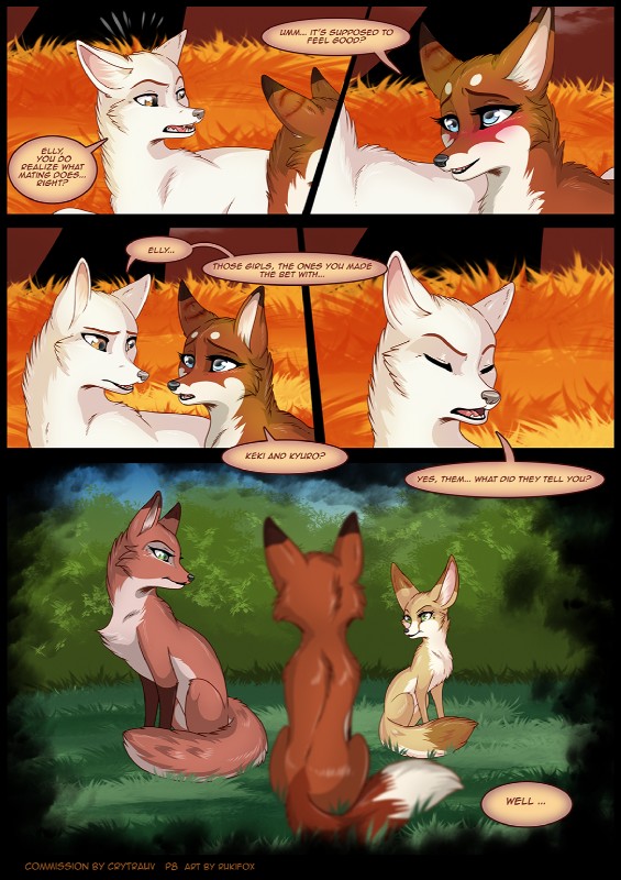 blood blush bodily_fluids detailed_background duo female feral flashback forest fur grass knotting lying male memory naive open_mouth outside plant sex teeth text tree rukifox crytrauv elly keki_(rukifox) kyuro arctic_fox canid canine fox mammal red_fox true_fox comic digital_media_(artwork) english_text hi_res