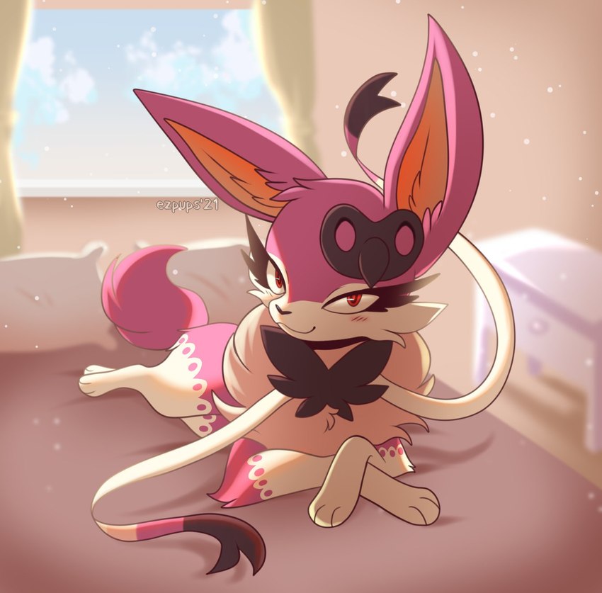 ambiguous_gender bed cheek_tuft chest_tuft curtains eyelashes facial_tuft feral furniture inner_ear_fluff leg_markings lying markings on_bed on_front paws pillow pointy_ears prick_ears red_eyes smile snout socks_(marking) solo tuft window ezpups nintendo pokemon aromatisse eeveelution generation_6_pokemon hybrid pokemon_(species) sylveon hi_res