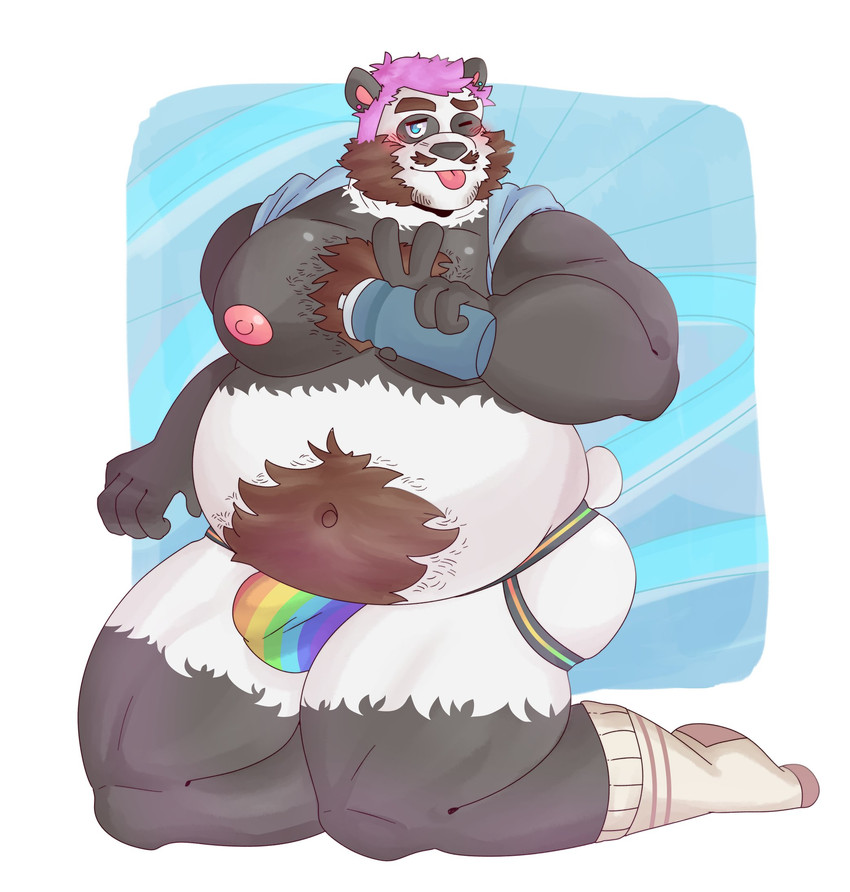 anthro black_body black_fur blush clothing fur humanoid_hands jockstrap male moobs nipples one_eye_closed overweight overweight_anthro overweight_male solo tongue tongue_out underwear white_body white_fur wink matchaijuice dayton_(sleepypandaburr) bear giant_panda mammal 2021 hi_res