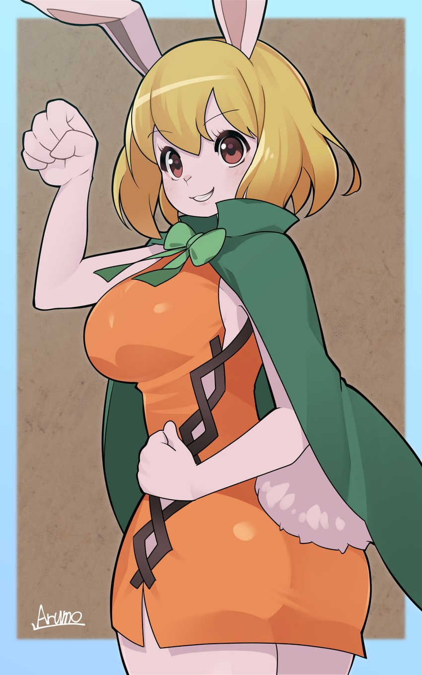 anthro big_breasts biped blonde_hair breasts brown_eyes cape clothing clothing_bow dress female fluffy fluffy_tail fur green_cape green_clothing hair kemono long_ears open_mouth open_smile orange_clothing orange_dress pink_nose short_hair sideless_clothing sideless_dress smile solo tail white_body white_fur arumo one_piece carrot_(one_piece) lagomorph leporid mammal minkmen_(one_piece) rabbit 5:8 absurd_res hi_res