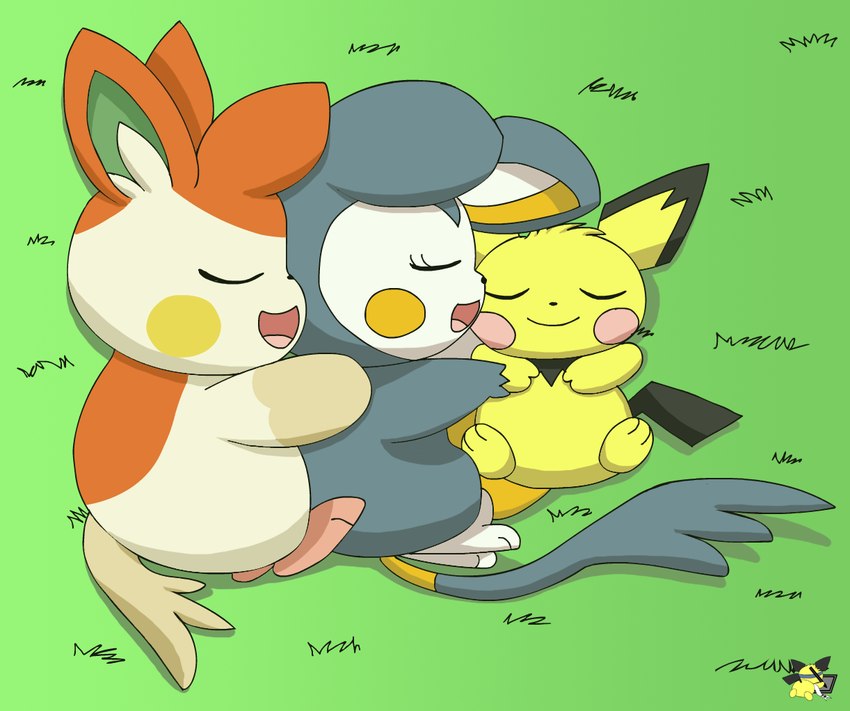 blue_body blue_fur female feral fur grass group logo lying male male/female on_back on_side orange_body orange_fur plant sleeping spooning tan_body tan_fur trio yellow_body yellow_fur pichu90 nintendo pokemon nise_pawmo sparks_pichu yarn_emolga emolga generation_2_pokemon generation_5_pokemon generation_9_pokemon pawmo pichu pokemon_(species) 2023 artist_logo