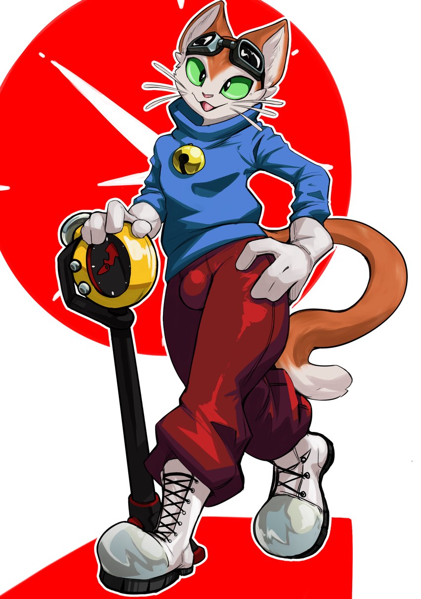 anthro clothed clothing eyewear eyewear_on_head fur gloves goggles goggles_on_head green_eyes handwear male solo chalk_outline blinx_the_time_sweeper microsoft xbox_game_studios blinx domestic_cat felid feline felis mammal absurd_res hi_res