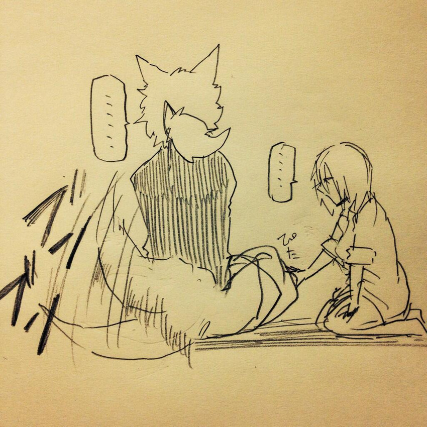 clothing duo female fur hair hair_over_eye one_eye_obstructed text yakantuzura lila_(kashiwagi_aki) revoli canid canine human mammal 1:1 comic greyscale japanese_text monochrome sketch translated