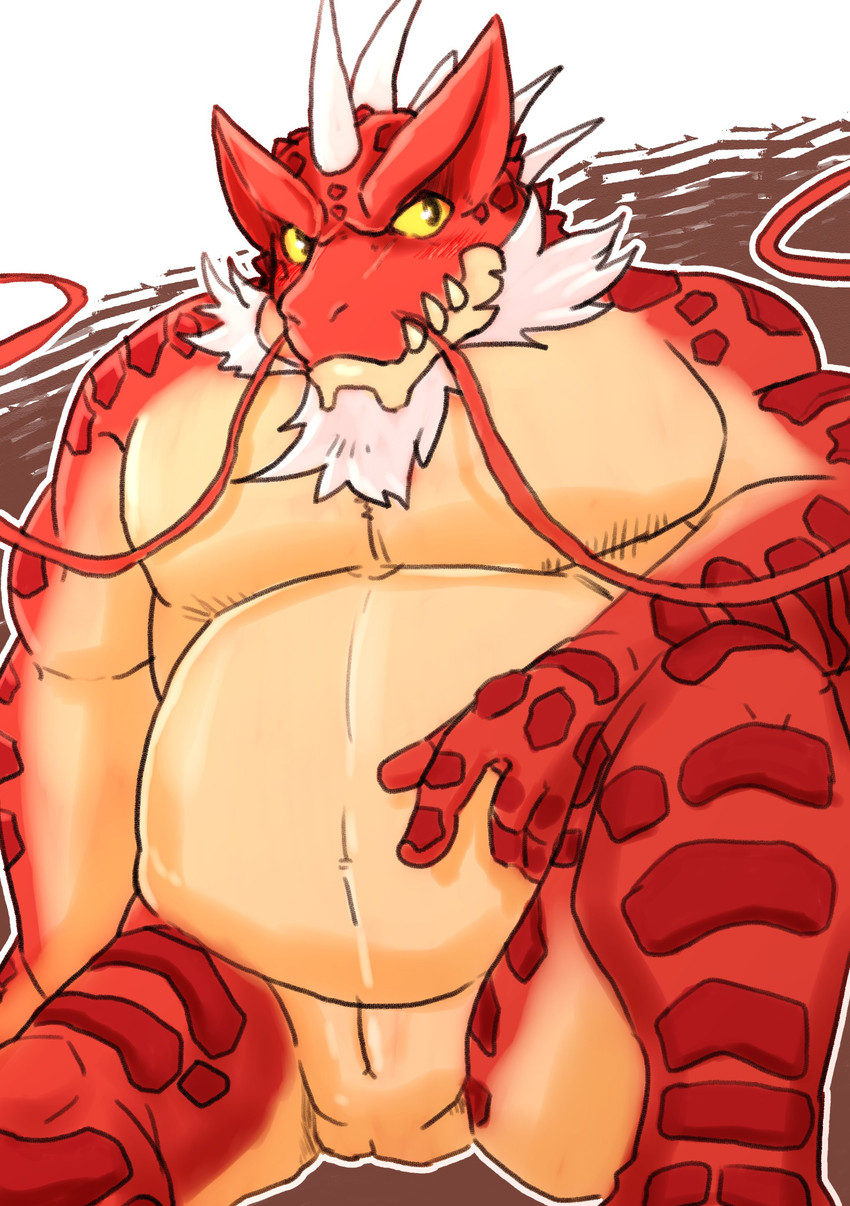 animal_genitalia anthro beard blush facial_hair genital_slit genitals humanoid_hands kemono male musclegut muscular overweight overweight_anthro overweight_male red_body sitting solo kira_kitira lifewonders tokyo_afterschool_summoners itzamna_(tas) iguana iguanid lizard reptile scalie 2020 absurd_res hi_res