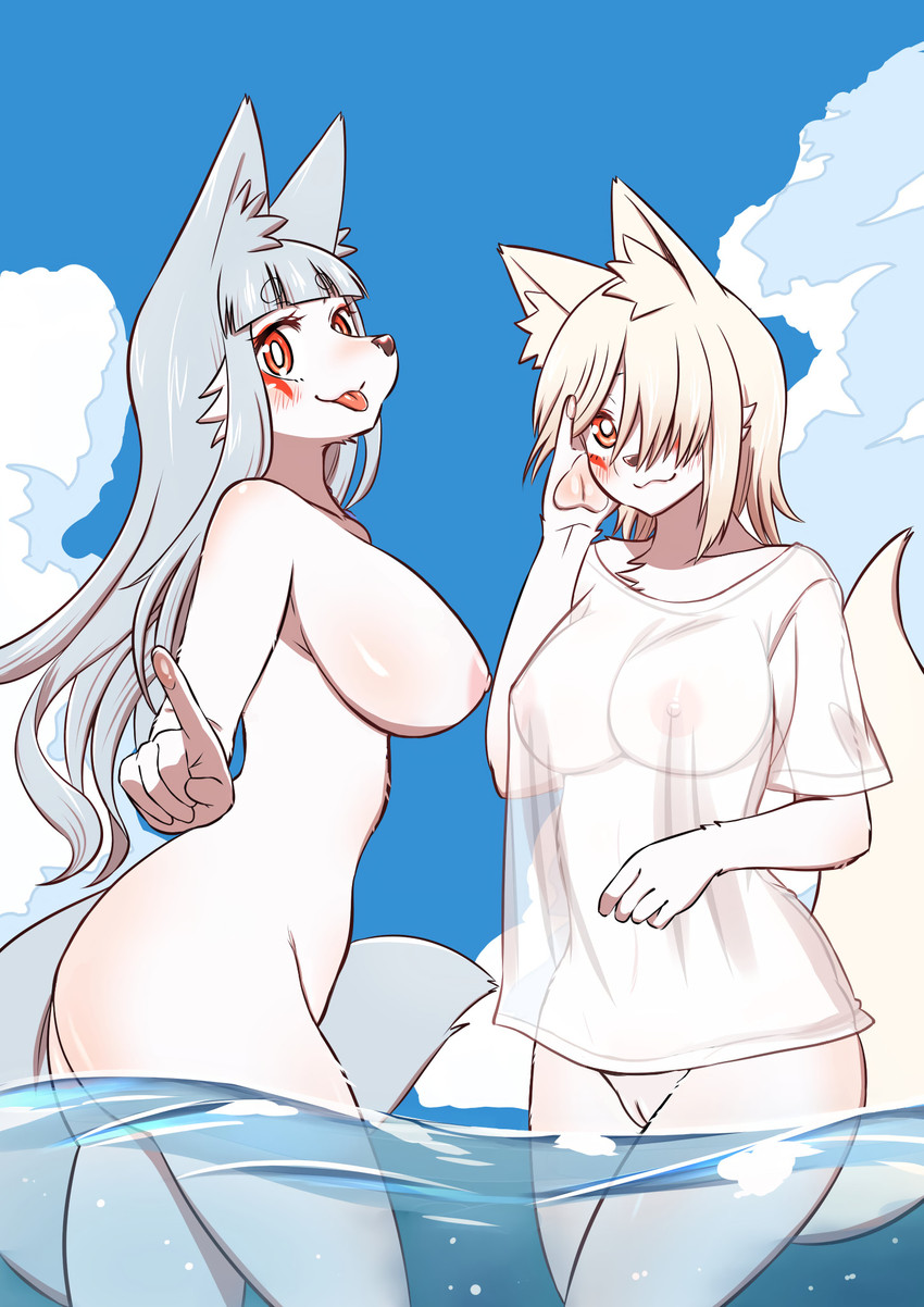 :3 anthro big_breasts blush bottomless breasts butt clothed clothing cloud duo facial_markings female fur genitals gesture grey_hair hair hand_gesture head_markings hime_cut kemono long_hair looking_at_viewer markings mehajiki mostly_nude nipples nude outside partially_submerged pawpads pointing pussy red_eyes red_markings sea shirt side_mouth side_view skinny_dipping sky smile t-shirt tongue tongue_out topwear translucent translucent_clothing translucent_shirt translucent_topwear water wet wet_clothing wet_shirt wet_topwear white_body white_fur white_hair anonymous_artist third-party_edit yuuki_ray tamamo-chan's_a_fox osaki_fushimi tamamo_fushimi canid canine fox mammal hi_res