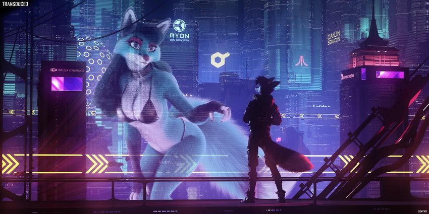 anthro atari_logo backlighting bikini blue_body blue_fur blue_hair breasts city cityscape cleavage clothed clothing cyberpunk duo female fur gesture hair hand_gesture hologram jacket light logo long_hair male night pointing smile swimwear topwear two-piece_swimsuit zorryn atari blade_runner_2049 canid canine fox mammal 2:1 3d_(artwork) digital_media_(artwork) hi_res lighting