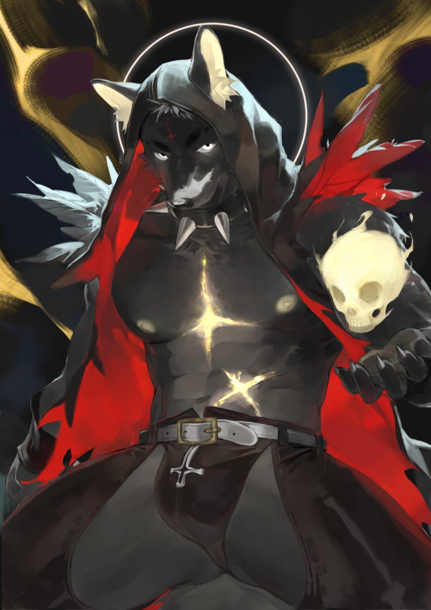 abs anthro big_pecs black_body black_fur black_nose bulge chaps claws clothing collar cross finger_claws flaming_skull fur hooded_cloak inverted_cross kemono leather leather_clothing looking_at_viewer magic_user male muscular muscular_anthro muscular_male nipples pecs scar solo spiked_collar spikes spread_legs spreading yuuko891 canid canine canis mammal wolf absurd_res hi_res