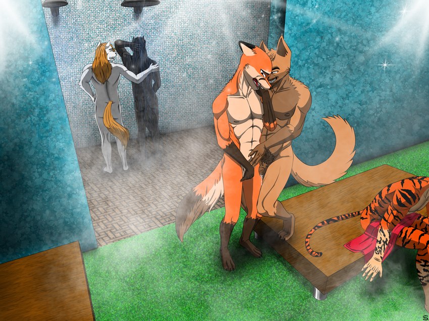 anthro bathing butt genitals group male male/male nude penis showering sergld canid canine canis equid equine felid feline horse mammal pantherine tiger wolf hi_res