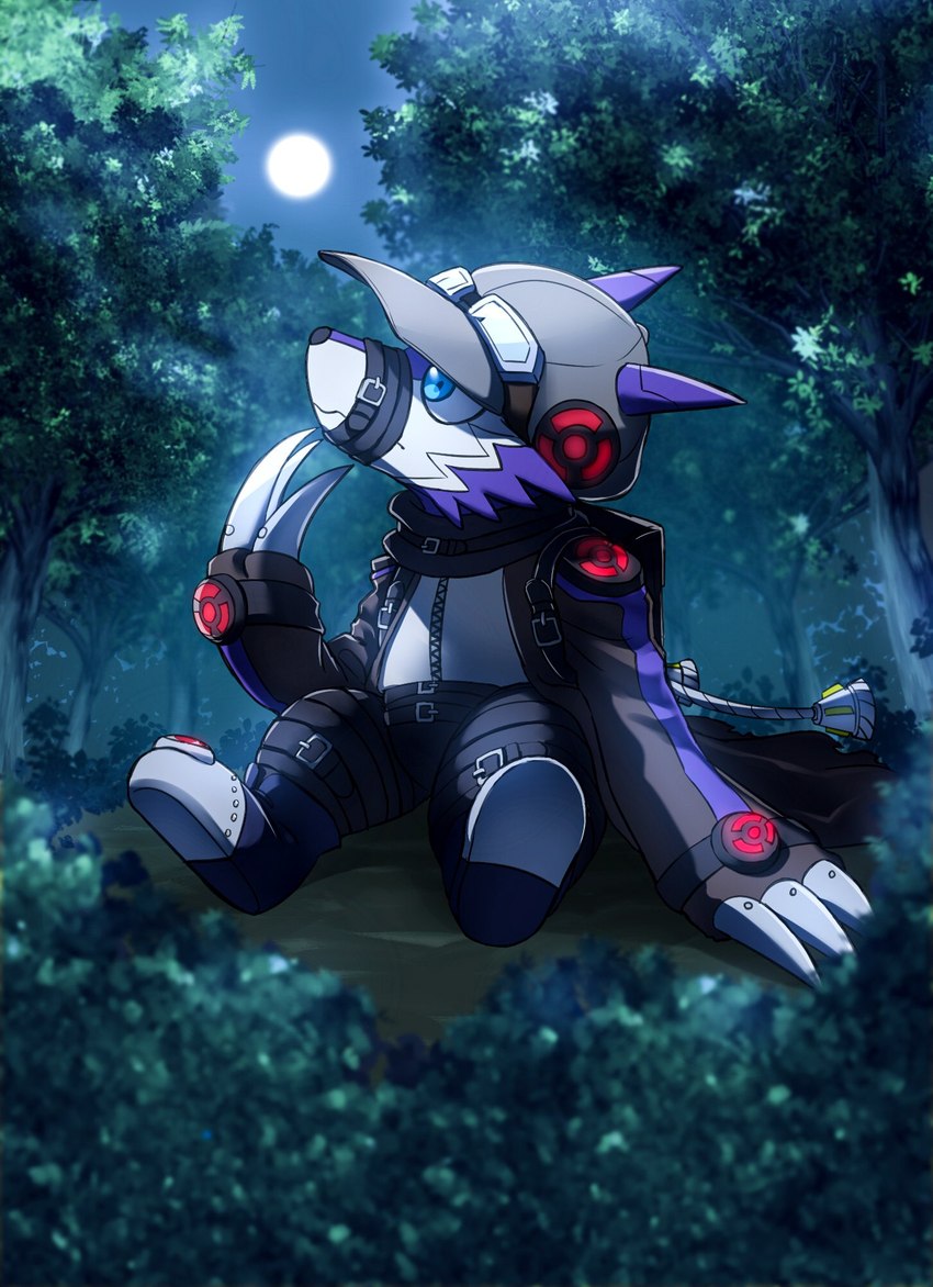 anthro blue_body blue_eyes blue_fur bottomwear claws clothing eyewear forest full_moon fur goggles hat headgear headwear male moon muzzle_(object) muzzled outside pants plant sitting solo tree asin_567 bandai_namco digimon appmon_(species) digimon_(species) hi_res